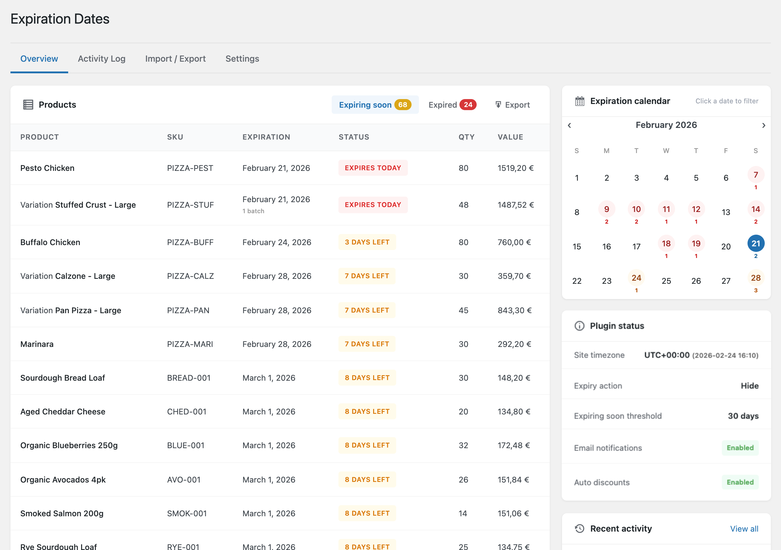 Product Expiration Dates for WooCommerce - Plugin Dashboard